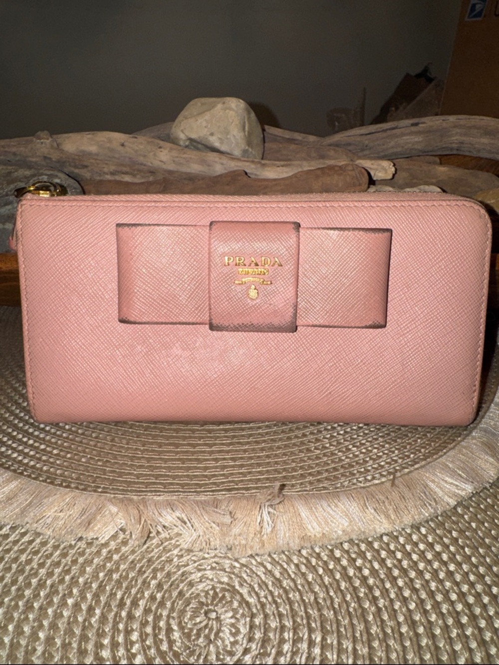 Prada Dusty Pink Saffiano Bow Zip Wallet